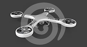 Drone quadrocopter with polce word, 3d Illustration