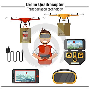 Drone Quadrocopter transportation technology. Set of simple flat icons