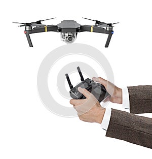 Drone and radio remote control in hands