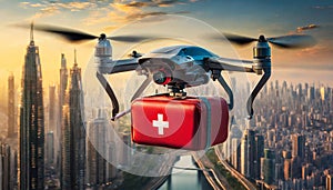 Drone with a Red First Aid Kit Flying Over a City - Generative Ai