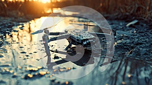 Drone lost in shallow river, partially buried in mud and waterlogged. Generative AI photo