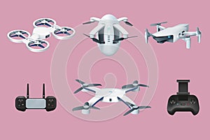 Drone robots. Aerial unmanned vehicle. Controller and propeller. Quadcopter transportation for video. UAV technology