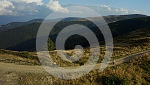 Drone rocky road biking man enjoying time against green woods pikes background