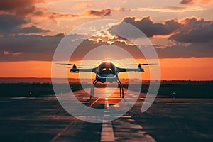 Drone on runway with sunset in the background