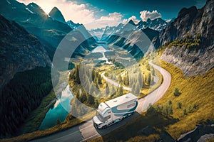 drone's-eye-view of a delivery van weaving through a winding mountain road with scenic landscapes