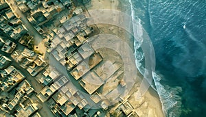 Drone\'s Eye View: Tranquil Ocean Waves Kiss a Dusty Middle Eastern Muslim City at Sunset. Capturing the Magic of Golden Hour