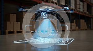 Drone scans inventory in a warehouse using advanced technology for efficient management