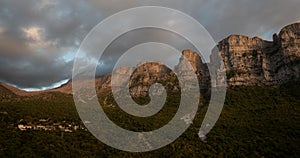 Drone scenery mikro Papingo village , Zagorochoria area, Epirus, Ioannina Greece. Astraka tower rocky cliffs above the