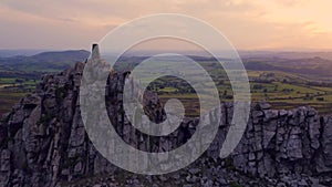 Drone Shoot over Manstone Rock at Sunset in Stiperstones, UK
