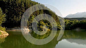 Drone shot aerial view scenic landscape of Big Lake and nature wood and forest.