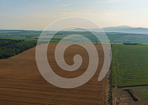 Záběr z dronu na zemědělská pole u Nových Sadů a Nitry, Slovensko