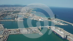 Drone shot of Barcelona coast and harbors