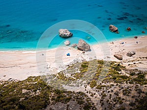 Drone view of Megali Petra beach in Lefkada, Greece