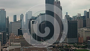 Drone shot Chicago on a foggy day. Cloudy day in downtown Chicago Illinois, skyscrapers and business centers of the