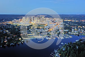 Drone shot of the city of Bellevue from above