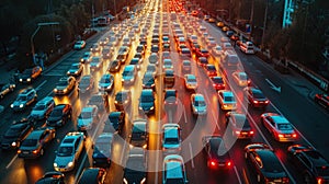 Drone Shot of a Crowded Urban Electric Car Rally, capturing the energy and color of sustainable transportation at dawn