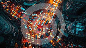 Drone Shot of a Crowded Urban Electric Car Rally, capturing the energy and color of sustainable transportation at dawn