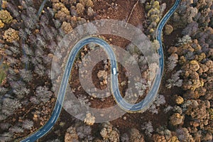 Drone shot of a curvy road in the Trossachs, Scotland photo