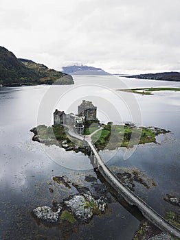 Drone shot of Eilean Donan Castle, Scotland