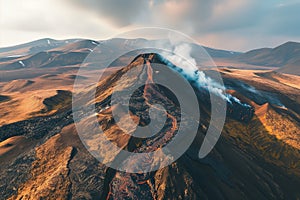 Drone shot of an erupting volcano with steaming lava on the hillside in Iceland landscape surrounded by other hills showing the
