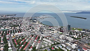 Drone Shot, Flying Above Reykjavik Iceland. Residential Buildings Coast and Port
