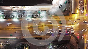 Drone shot flying. Saudi Arabia. Riyadh. Road. Crossroads. Night.