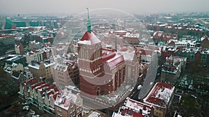 Drone Shot of Historic District,Gdansk, Poland. Aerial View of Basilica of Holy Virgin Mary. Winter