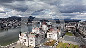 Drone Shot of Hungarian Parliament Building and Danube River in Budapest Cityscape. Hungary