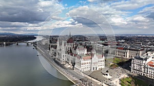 Drone Shot of Hungarian Parliament Building and Danube River in Budapest Cityscape. Hungary