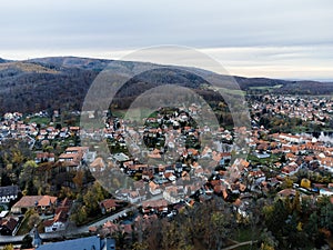 Drone shot of the Ilsenburg town in the district of Harz, in Saxony-Anhalt in Germany