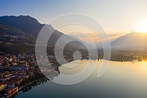 Drone shot of Lake Iseo at sunrise