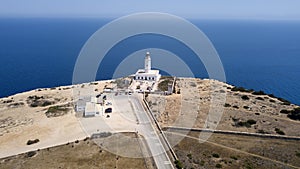 Drone shot of lighthouse in the island of formentera  baleares, spain
