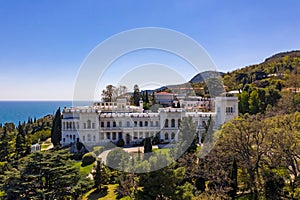 Drone shot of Livadia Palace with a beautiful landscaped garden in Crimea
