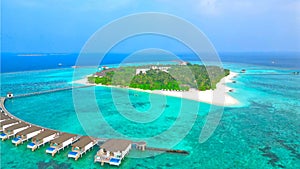 Drone Shot Maldives with water bungalow, nice white beaches