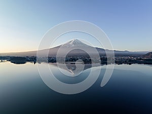 Drone shot of Mt.Fuji with Beautiful lake and sunrise view.