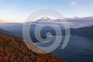 Drone shot of Mt.Fuji with Beautiful lake and sunset view.