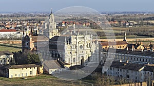 Drone shot over Certosa di Pavia monastery