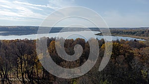 Drone shot over park and lake