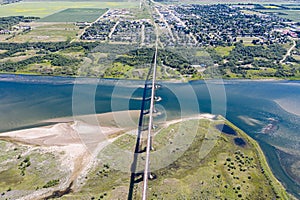 Drone shot over Sky Trail Bridge by Lake Diefenbaker in Saskatchewan, Canada