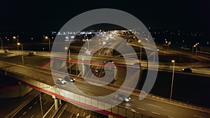 Drone shot on overpass with bridges and viaducts at night warsaw poland.