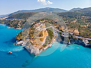 Drone shot of the popular and famous Xigia beach on the beautiful turquoise Ionian sea, Zakynthos (Zante) island