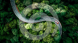 Drone shot of a red car on a winding road through a sea of trees