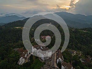 Drone shot of residential buildings at highland area in Fraser`s Hill, Pahang, Malaysia.