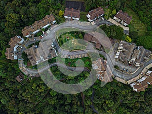 Drone shot of residential buildings at highland area in Fraser`s Hill, Pahang, Malaysia.