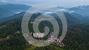 Drone shot of residential buildings at highland area in Fraser`s Hill, Pahang, Malaysia.