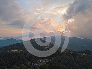 Drone shot of residential buildings at highland area in Fraser`s Hill, Pahang, Malaysia.