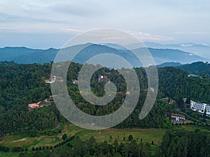 Drone shot of residential buildings at highland area in Fraser`s Hill, Pahang, Malaysia.