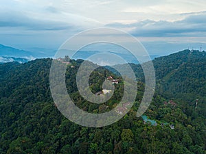 Drone shot of residential buildings at highland area in Fraser`s Hill, Pahang, Malaysia.
