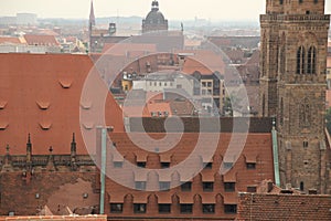 Drone shot of roofs of buildings and houses in an Old town of Nuremberg, Germany