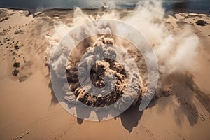 drone shot of sand explosion, with the dramatic force and power of the blast captured in aerial view